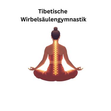 Grafik zur tibetischen Wirbelsäulengymnastik mit meditierender Person im Schneidersitz und hervorgehobener Wirbelsäule.
