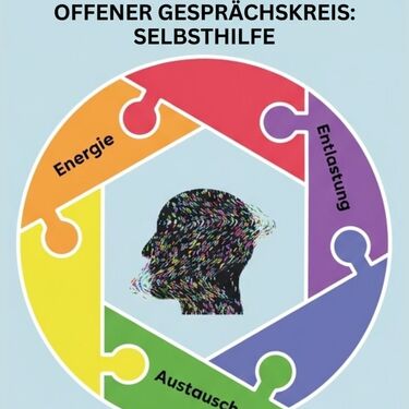 Plakat für einen offenen Selbsthilfe Gesprächskreis mit buntem Puzzle-Kreis-Kopf-Silhouette. Auf den Puzzleteilen stehen Begriffe "Energie", "Entlastung","Austausch" und Informationen zu Treffen und Veranstaltungsort in Kirchen (Sieg).