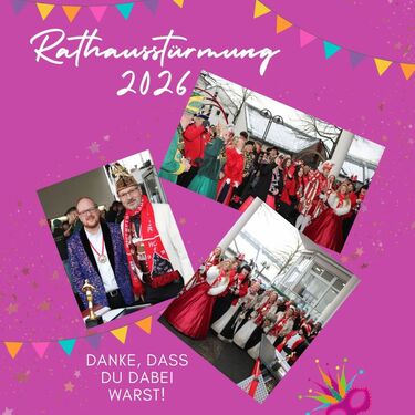Collage mit Fotos der Rathausstürmung 2026 vor pinkem Hintergrund mit dem Schriftzug "Danke, dass du dabei warst!"