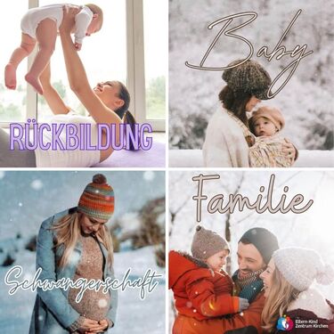Collage mit vier Motiven zu Schwangerschaft, Babyzeit und Familie. Abgebildet sind Mütter mit Baby, eine schwangere Frau und eine Familie mit Kind.