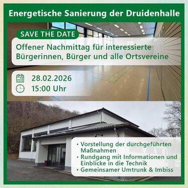 Plakat zu energetischen Sanierung der Druidenhalle mit Einladung zum offenen Nachmittag am 28.02.2026 um 15.00 Uhr