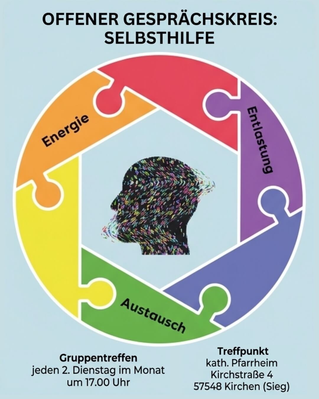 Plakat für einen offenen Selbsthilfe Gesprächskreis mit buntem Puzzle-Kreis-Kopf-Silhouette. Auf den Puzzleteilen stehen Begriffe "Energie", "Entlastung","Austausch" und Informationen zu Treffen und Veranstaltungsort in Kirchen (Sieg).