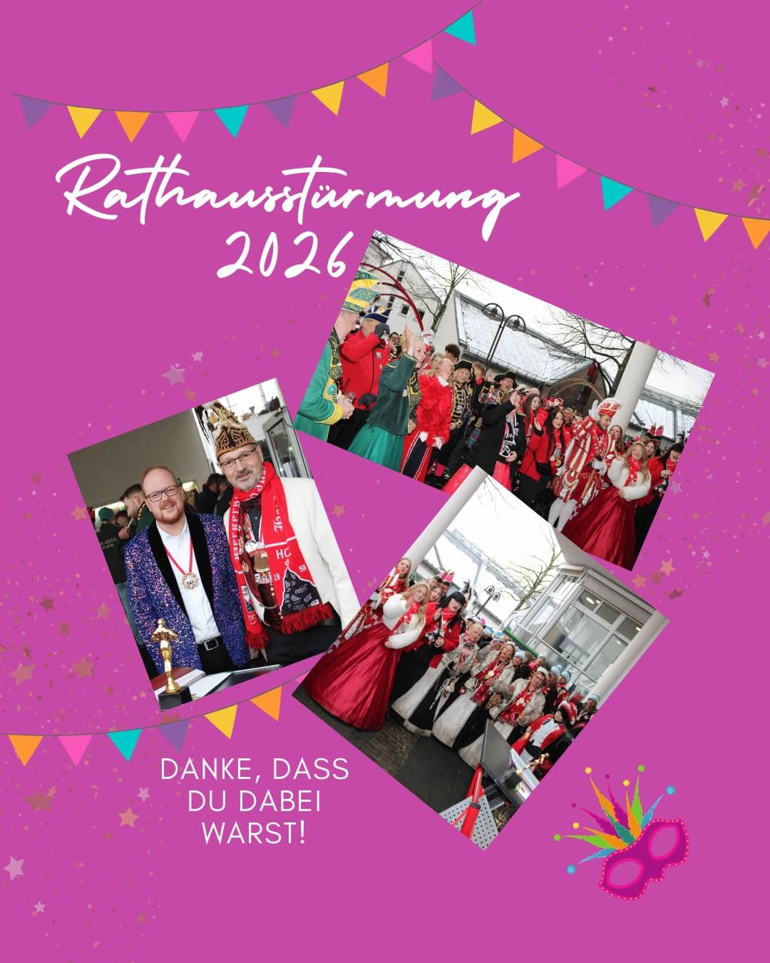 Collage mit Fotos der Rathausstürmung 2026 vor pinkem Hintergrund mit dem Schriftzug "Danke, dass du dabei warst!"
