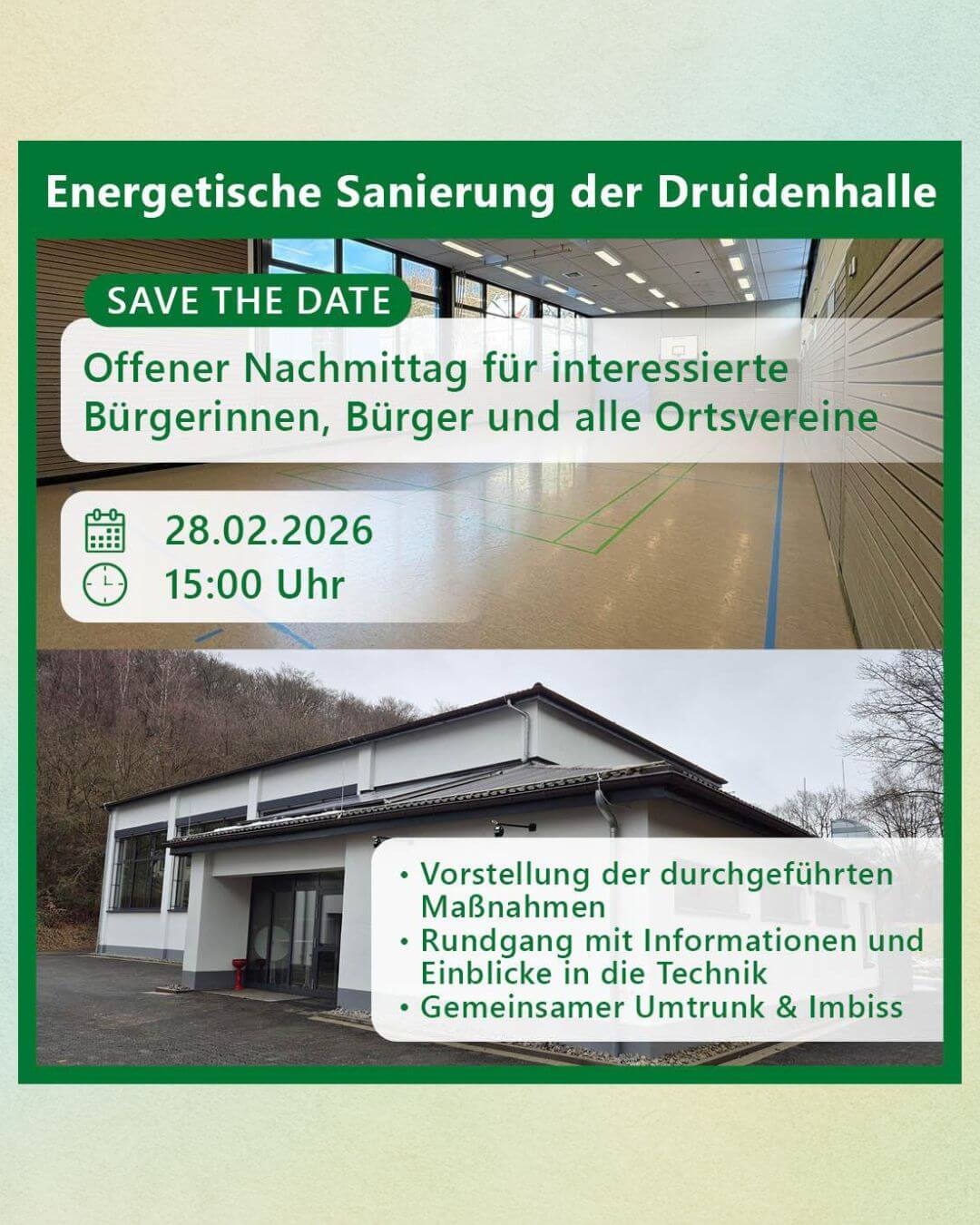 Plakat zu energetischen Sanierung der Druidenhalle mit Einladung zum offenen Nachmittag am 28.02.2026 um 15.00 Uhr