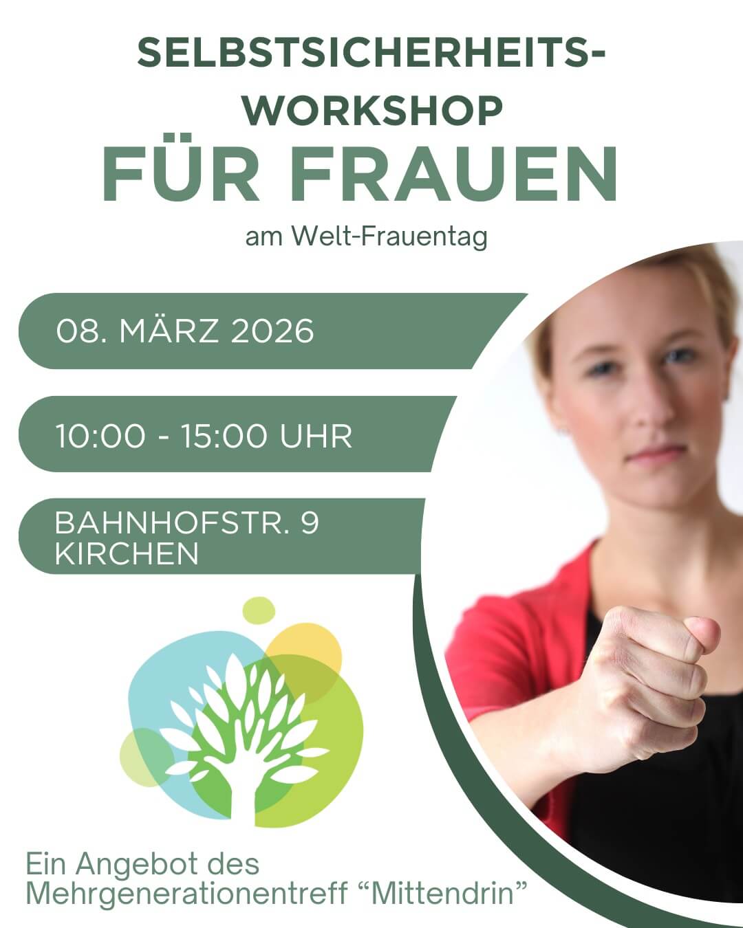 Plakat zum Selbstsicherheits-Workshop für Frauen am 08. März 2026 in Kirchen mit Frau und ausgestreckter Faust als Symbol für Stärke.